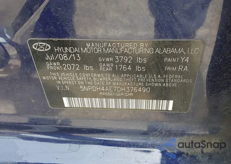 2013 Hyundai Elantra Gls from USA, damaged, VIN 5NPDH4AE7DH376490